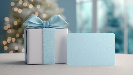 White gift box with light-blue ribbon and gift card