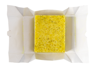 Bouillon cube with packaging, transparent background, directly above