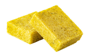 Two bouillon cubes with herbs isolated on transparent background