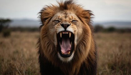 Majestic lion head showing fierce open mouth with sharp teeth. Wild cat king predator in its natural savanna habitat, demonstrating strength, power, and a powerful roar.
