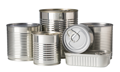 Group of tin cans with easy open lid and transparent background