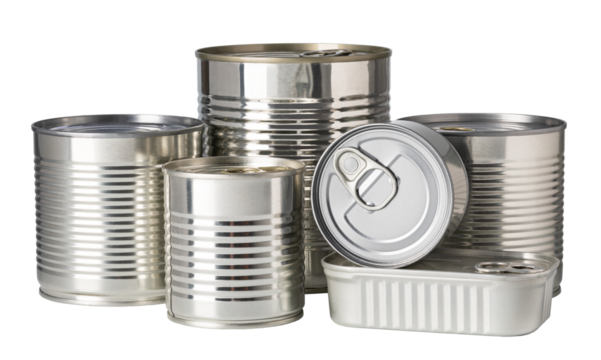 Group of tin cans with easy open lid and transparent background