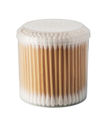 Round plastic container holding cotton swabs on transparent background