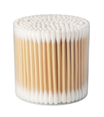 Cotton swabs in transparent plastic container on transparent background