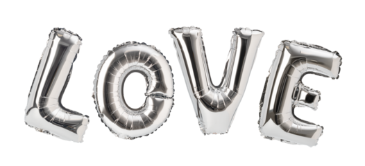 Silver balloons forming the word love on transparent background