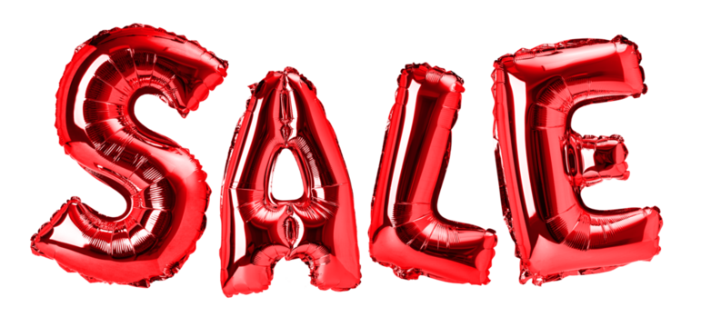 Red foil balloons forming the word sale on transparent background