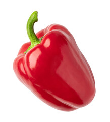 Fresh red bell pepper isolated on transparent background with green stem