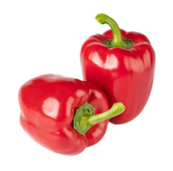 Two vibrant red bell peppers with green stems on transparent background