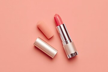 Obraz premium Coral lipstick and applicators on a peach background