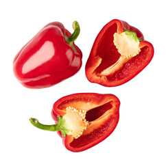 Fresh red bell peppers whole and halved on transparent background