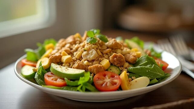 Colorful Cobb salad assembled with rows of fresh toppings.