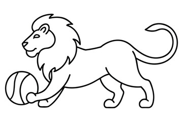 Stylized Lion Balancing a Ball in Black and White Line Art Illustration for Children's Coloring Book