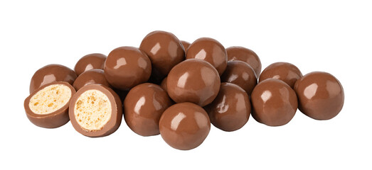 Chocolate balls showing crispy wafer center filling on transparent background