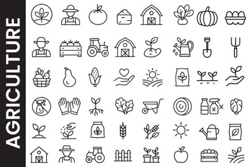 Agriculture and Organic Farming Line Icon Set