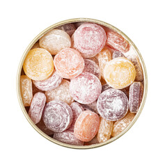 Colorful round candies covered with sugar filling a round metal box on transparent background
