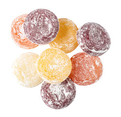 Colorful fruit candies falling on transparent background