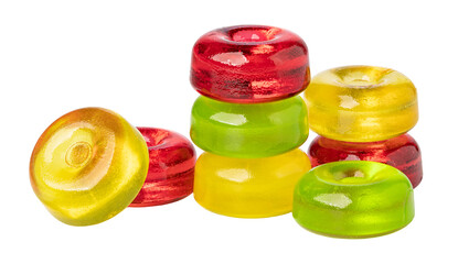 Colorful round hard candies stacked on transparent background