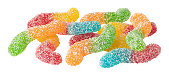 Colorful gummy worms candy on transparent background