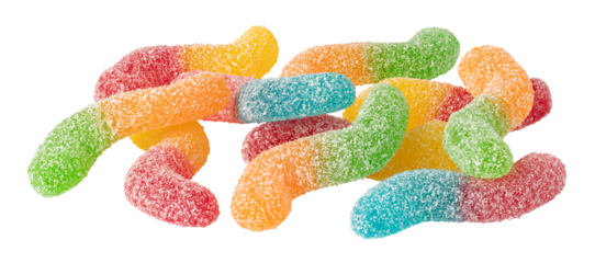 Colorful gummy worms candy on transparent background