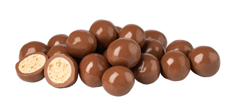 Chocolate balls showing crispy wafer center filling on transparent background