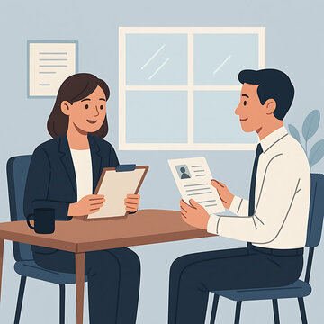 Hr Manager Talking Interview with Job Candidate. Man and Woman Characters have a Dialogue. People Recruitment Process. Human Resource Management and Hiring Concept. Flat Cartoon Vector Illustration