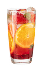 Refreshing summer drink with strawberries, orange, and ice on transparent background