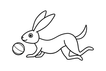 Whimsical Hare Illustration Playfully Engages with a Ball Charming Black and White Drawing for Children and Creative Projects