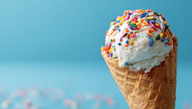 Close-up of vanilla ice cream with colorful sprinkles on a waffle cone against a vibrant blue background