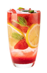 Refreshing strawberry lemonade with mint and ice in transparent glass