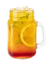 Refreshing orange and grenadine cocktail garnished with ice and mint on transparent background