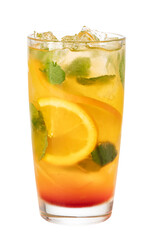 Colorful tequila sunrise cocktail is garnished with orange slices and mint leaves