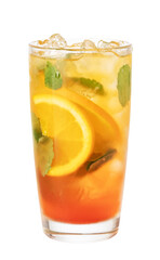 Refreshing iced tea with orange slice and mint on transparent background