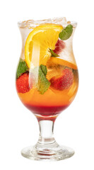 Refreshing hurricane cocktail with orange, strawberries and mint on transparent background