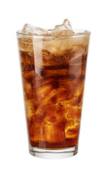 Refreshing glass of cola with ice cubes on transparent background