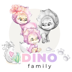 Watercolor baby dinosaur. Mom and Dad with neewborn. Dino family Clipart for babyshower, nursery, decor, stickers, prints with historical animals