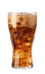 Refreshing carbonated drink with ice cubes in a transparent glass on transparent background