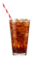 Refreshing glass of cola with ice and straw on transparent background