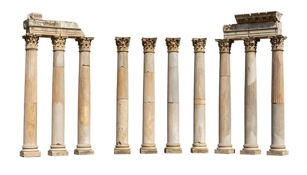 Ancient stone columns and arches against a white background
