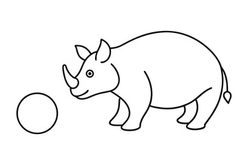 Cartoon Rhinoceros Outline Near a Circle, Simple Black and White Animal Drawing on a White Background, Cute and Minimalist