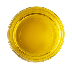 Glass bowl filled with golden virgin olive oil on transparent background
