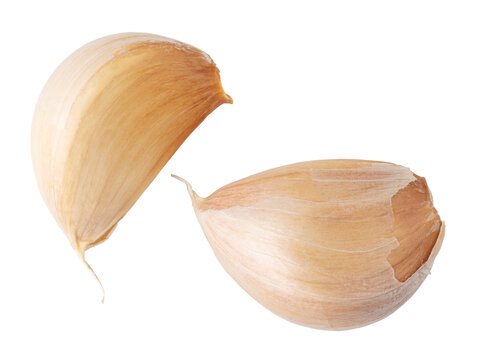 Two garlic cloves falling on transparent background