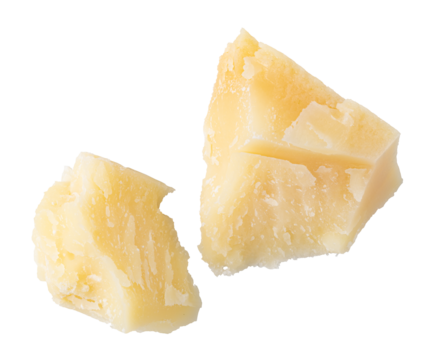 Pieces of parmesan cheese falling on transparent background
