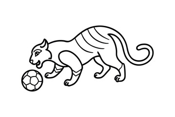 Stylized Heraldic Panther with Curled Tail and Soccer Ball Black and White Line Art Illustration Vector Design