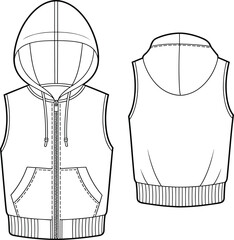 Sleeveless hoodie, front view, back view, zipper detail, drawstring hood, ribbed hem, fashion sketch, technical 