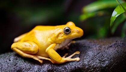 Naklejka premium unique habitat of curious yellow frog close up wildlife photography at nature reserve