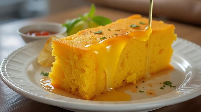 Golden cornbread cut and served 