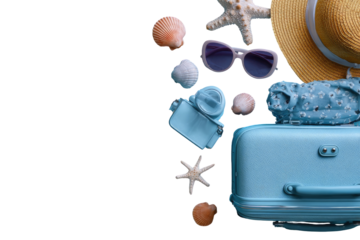 Light-blue suitcase, straw hat, sunglasses, and seashells scattered