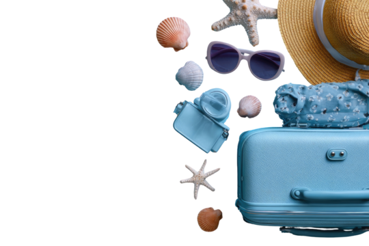 Light-blue suitcase, straw hat, sunglasses, and seashells scattered