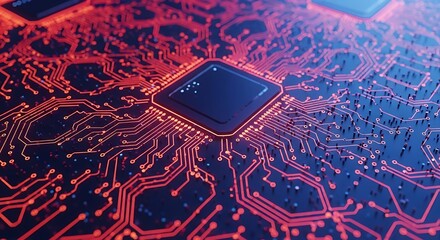 Futuristic Microchip Motherboard Illustration with Glowing Red Circuits and Semiconductor Technology for Data Processing and AI Applications