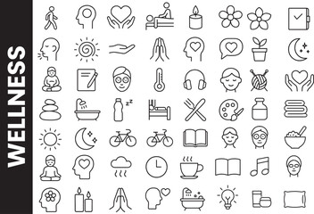 Naklejka premium Wellness, Mindfulness, and Self-Care Activities Line Icon Set